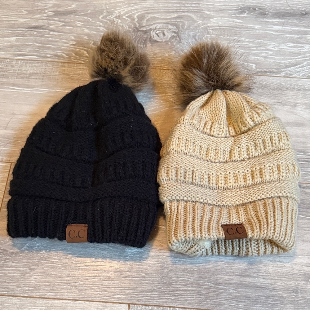 C.C Adult  Pom-Pom Beanie Set - Black and Cream